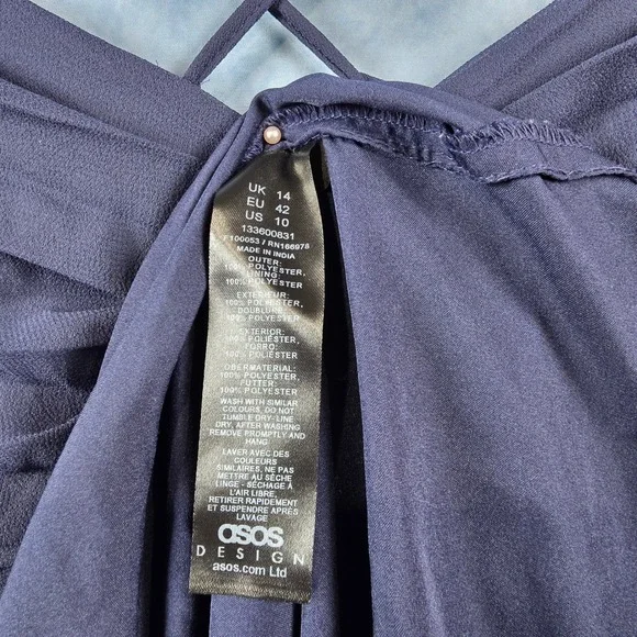 ASOS DESIGN Navy Blue Pleated Maxi Dress Open Back Tie Detail US 10 Wedding Gues - Picture 2 of 7